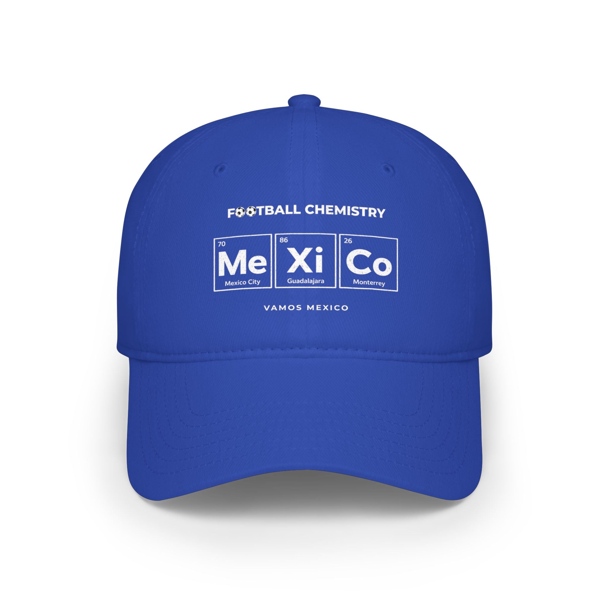 Blue baseball cap with "Football Chemistry" and periodic table elements for Mexico.