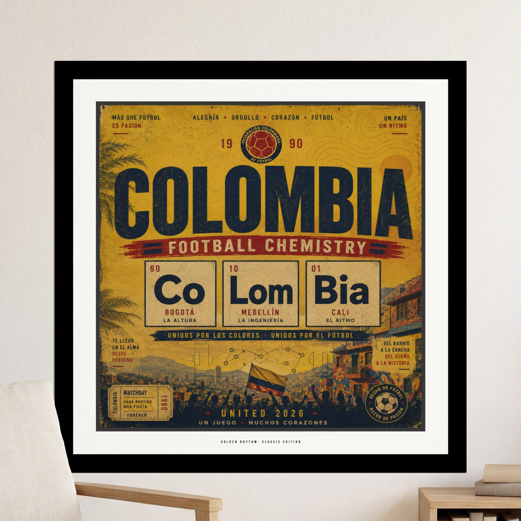 Colombia Football Chemistry poster with cities, dates, and soccer themes.