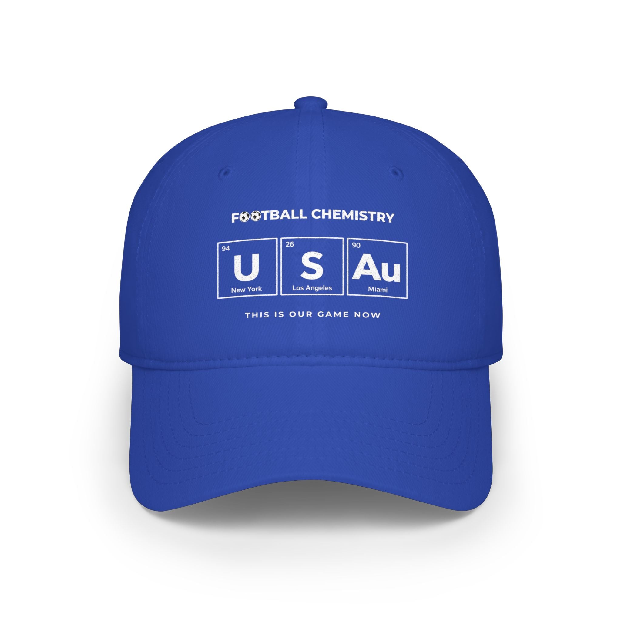 Blue baseball cap with "FOOTBALL CHEMISTRY" and US/Au periodic table elements.