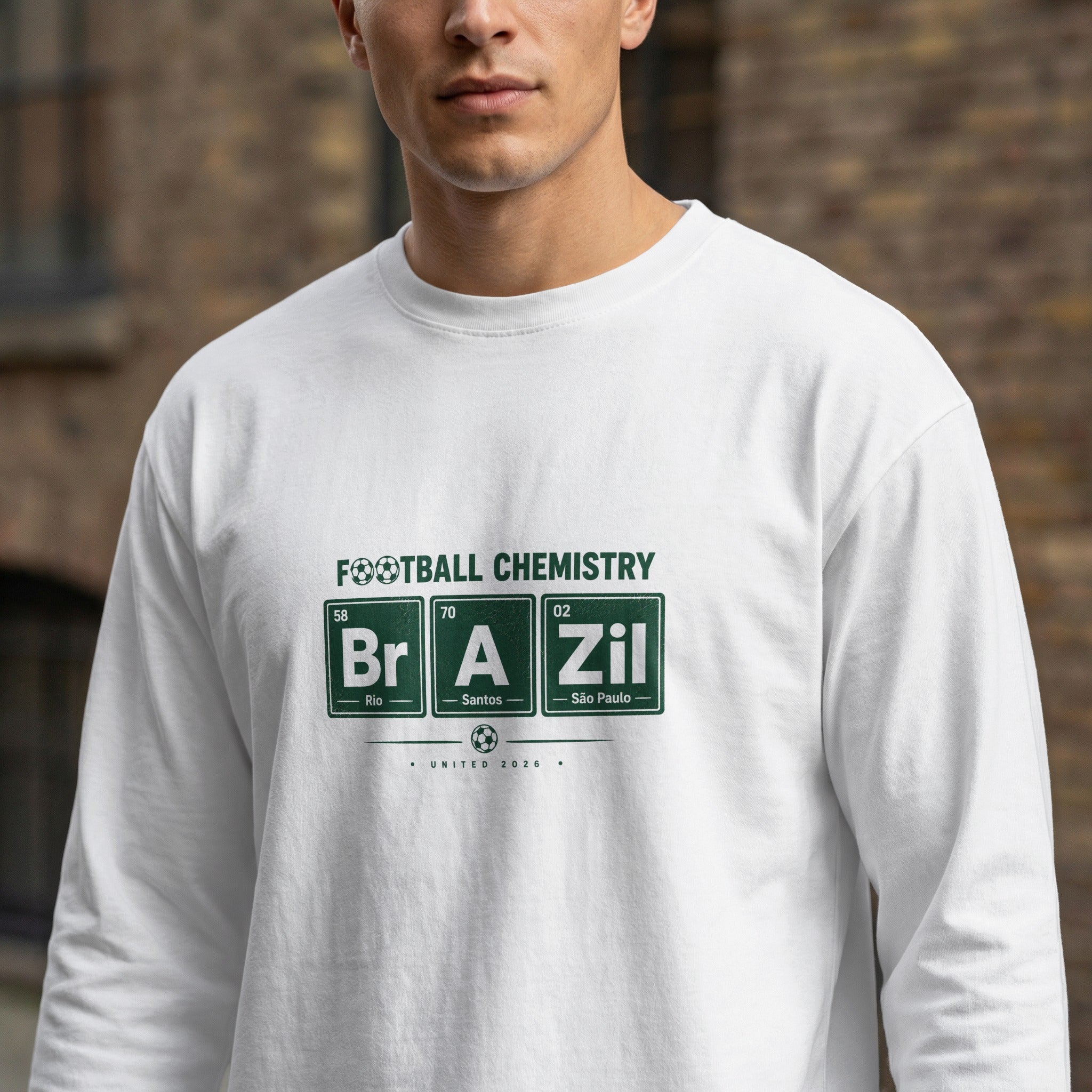 Men's long-sleeved shirt with "Football Chemistry" and periodic table elements.