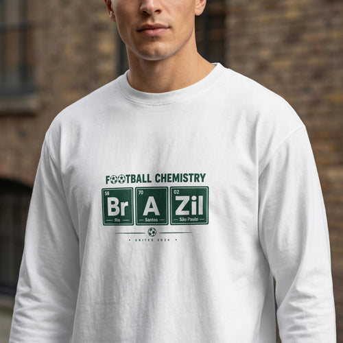Men's long-sleeved shirt with "Football Chemistry" and periodic table elements.