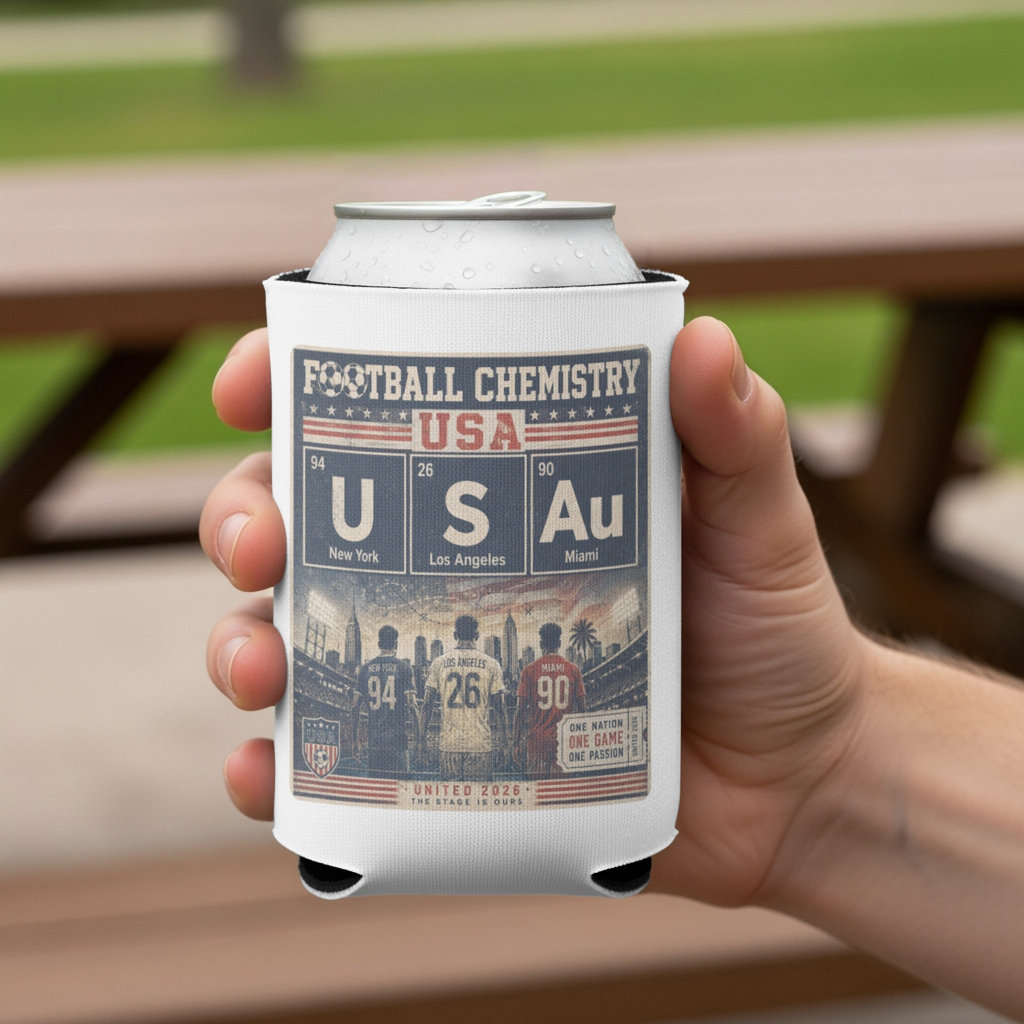 Can cooler with football chemistry theme and USA map highlighting New York, Los Angeles, Miami.