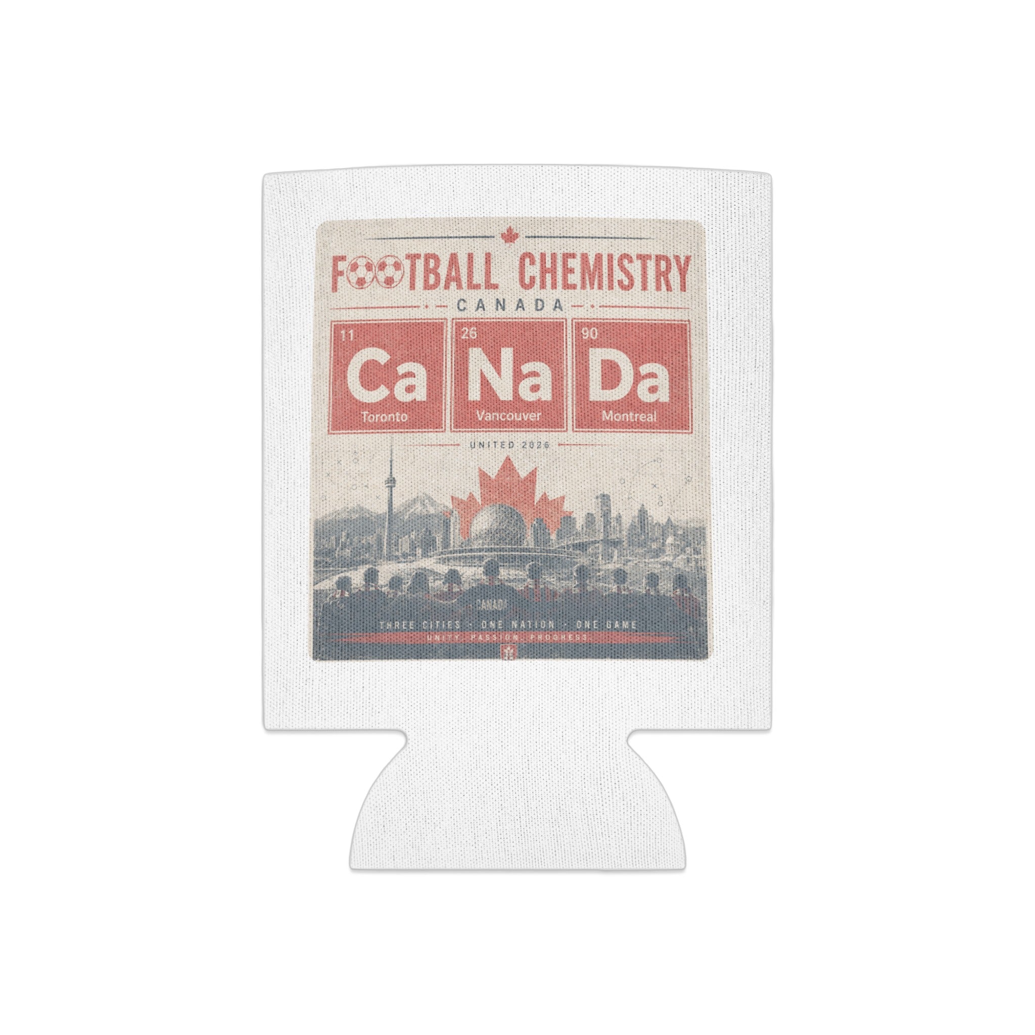 Collapsible can cooler with "Football Chemistry" Canada graphic and periodic table elements.