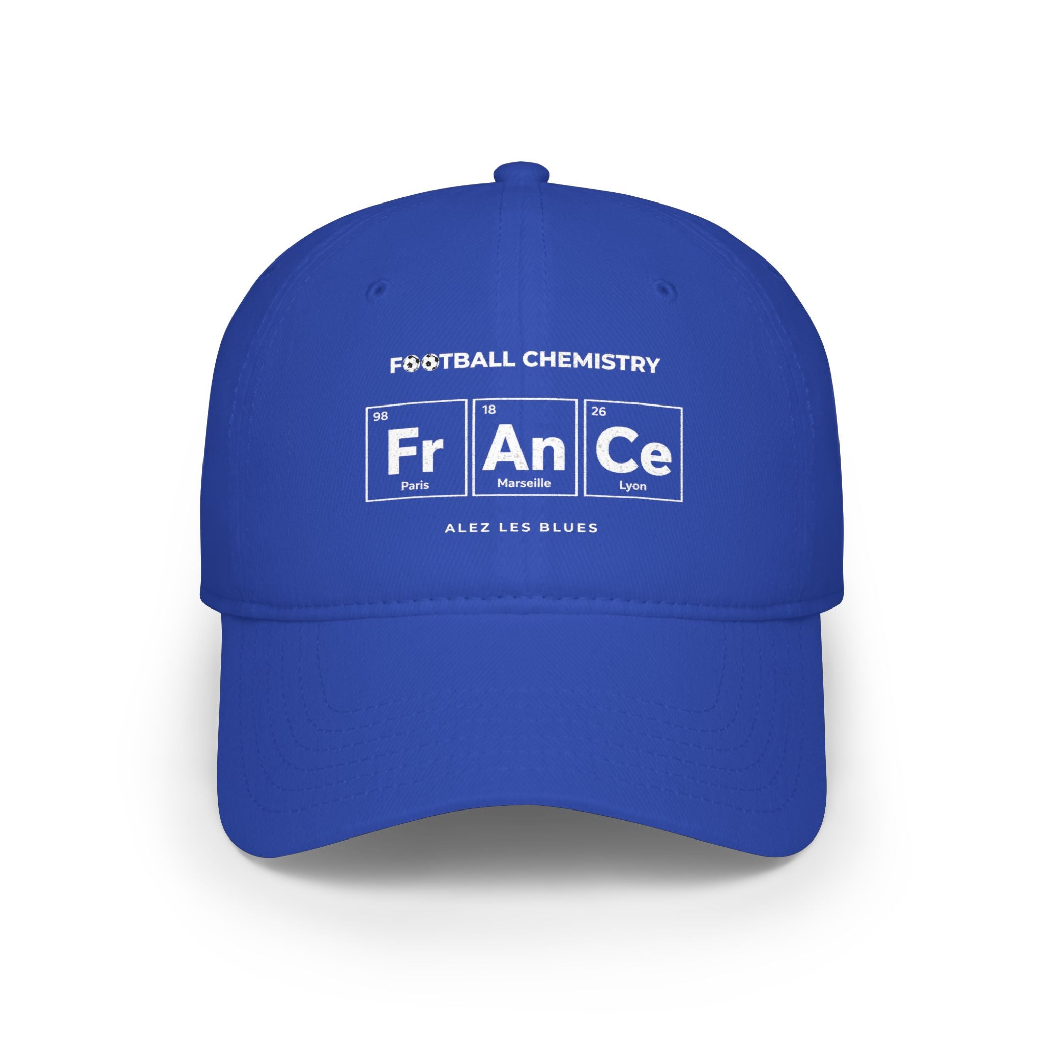 Royal blue baseball cap with "Football Chemistry" and "FRANCE" in periodic table elements.