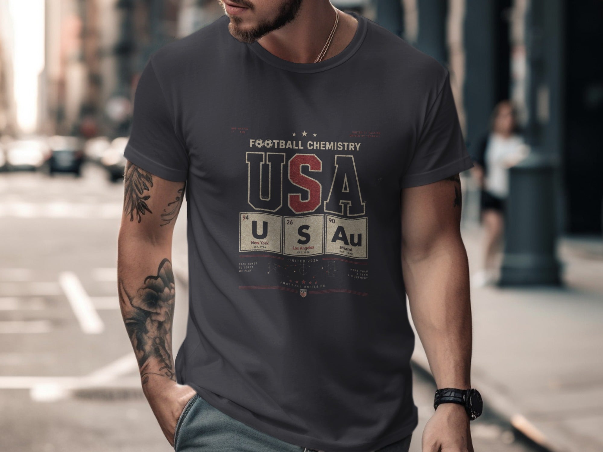 Men's dark grey t-shirt with "USA FOOTBALL CHEMISTRY" graphic.