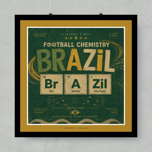 Football Chemistry Brazil poster with elemental symbols for Rio, Santos, São Paulo.