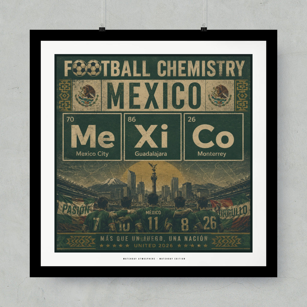 Mexico football chemistry poster with periodic table elements and city names.