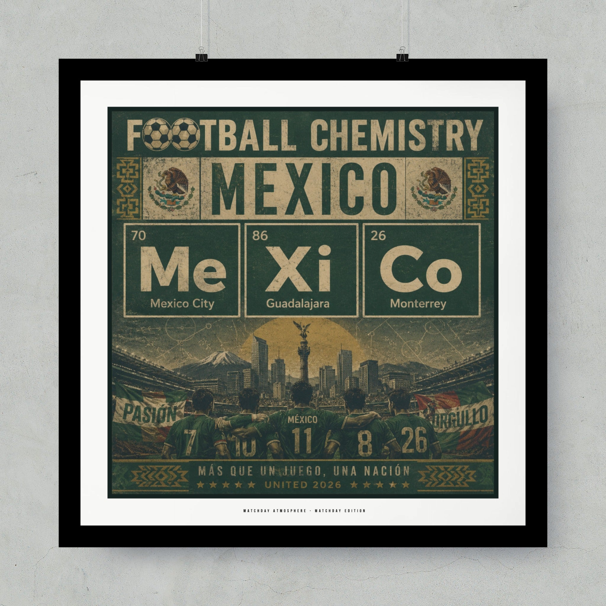 Mexico football chemistry poster with periodic table elements and city names.