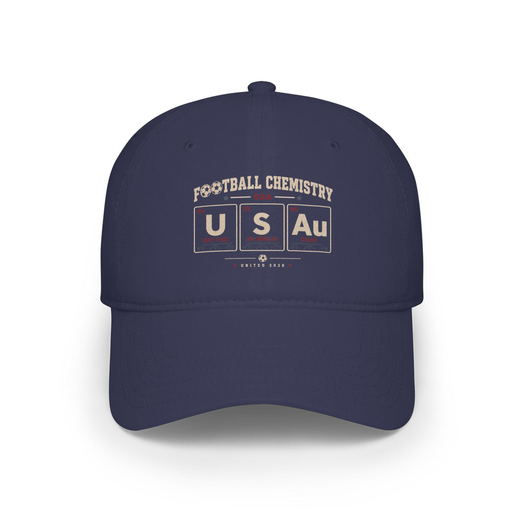 Navy baseball cap with "Football Chemistry USA" and periodic table elements U, S, Au.