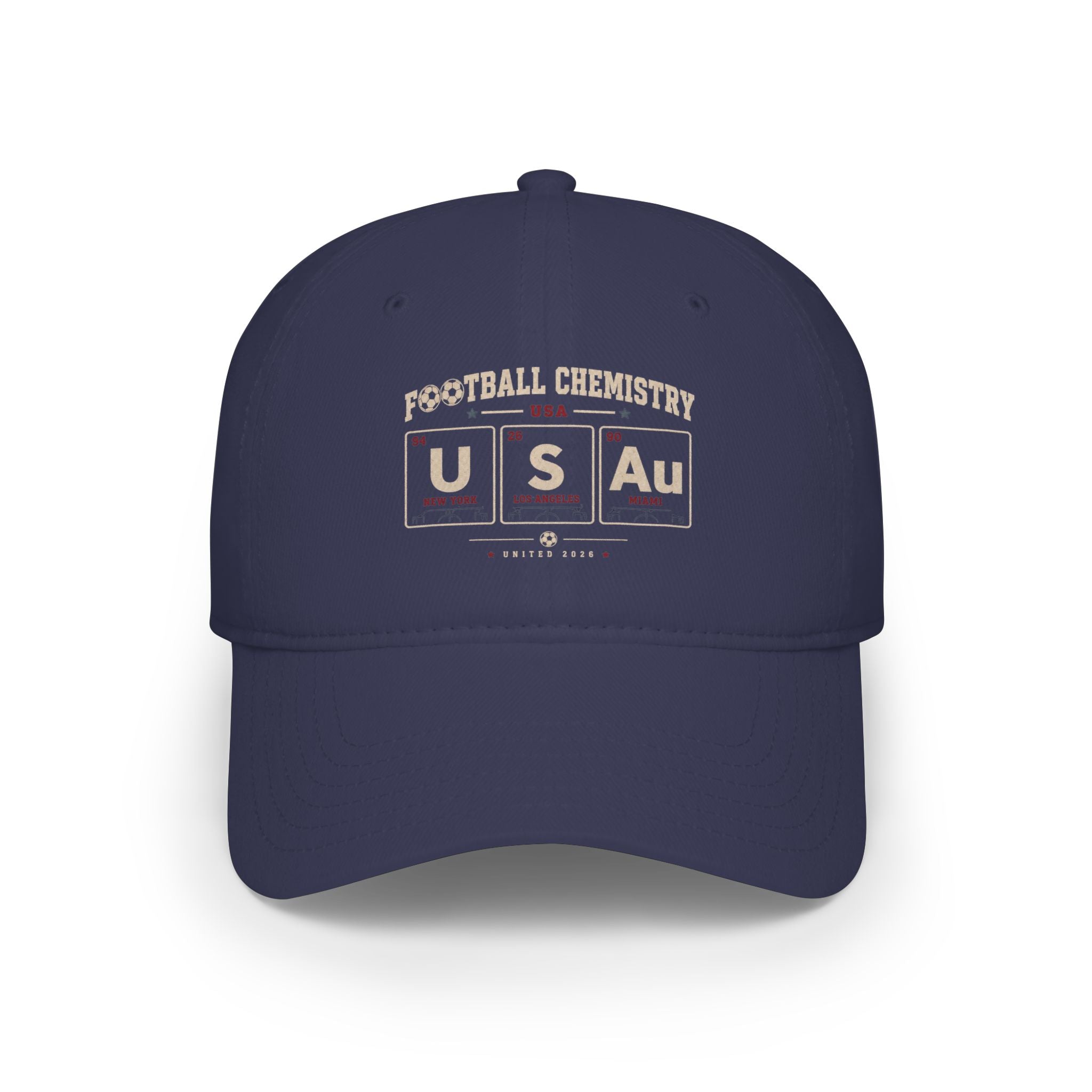 Navy baseball cap with "Football Chemistry USA" and periodic table elements U, S, Au.