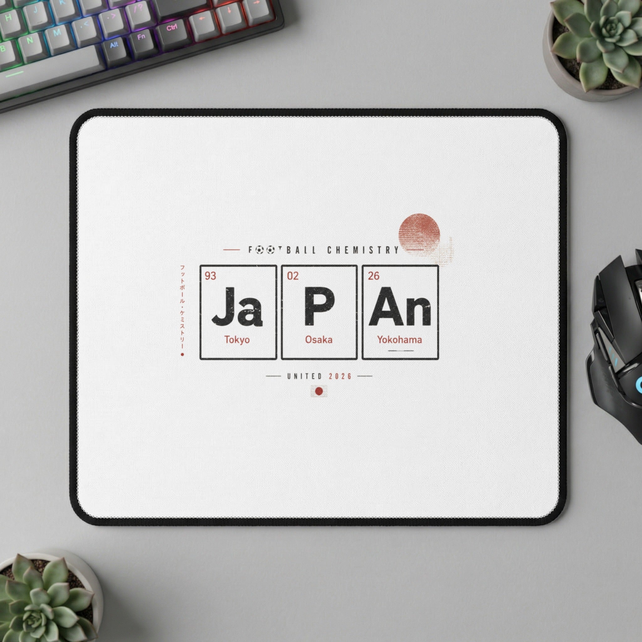 Mousepad with "Football Chemistry Japan" design featuring cities and elemental symbols.
