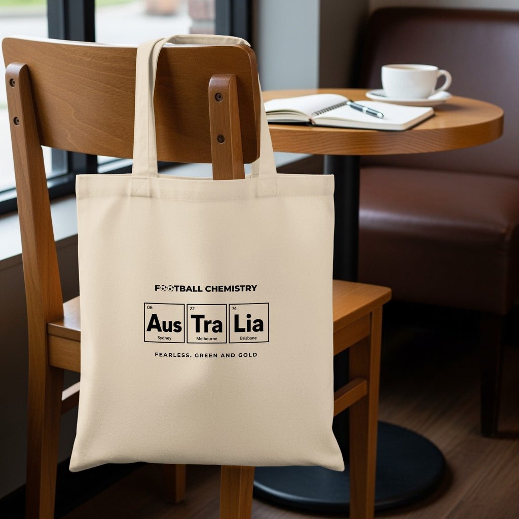 Tote bag with "Football Chemistry Australia" text and city names.