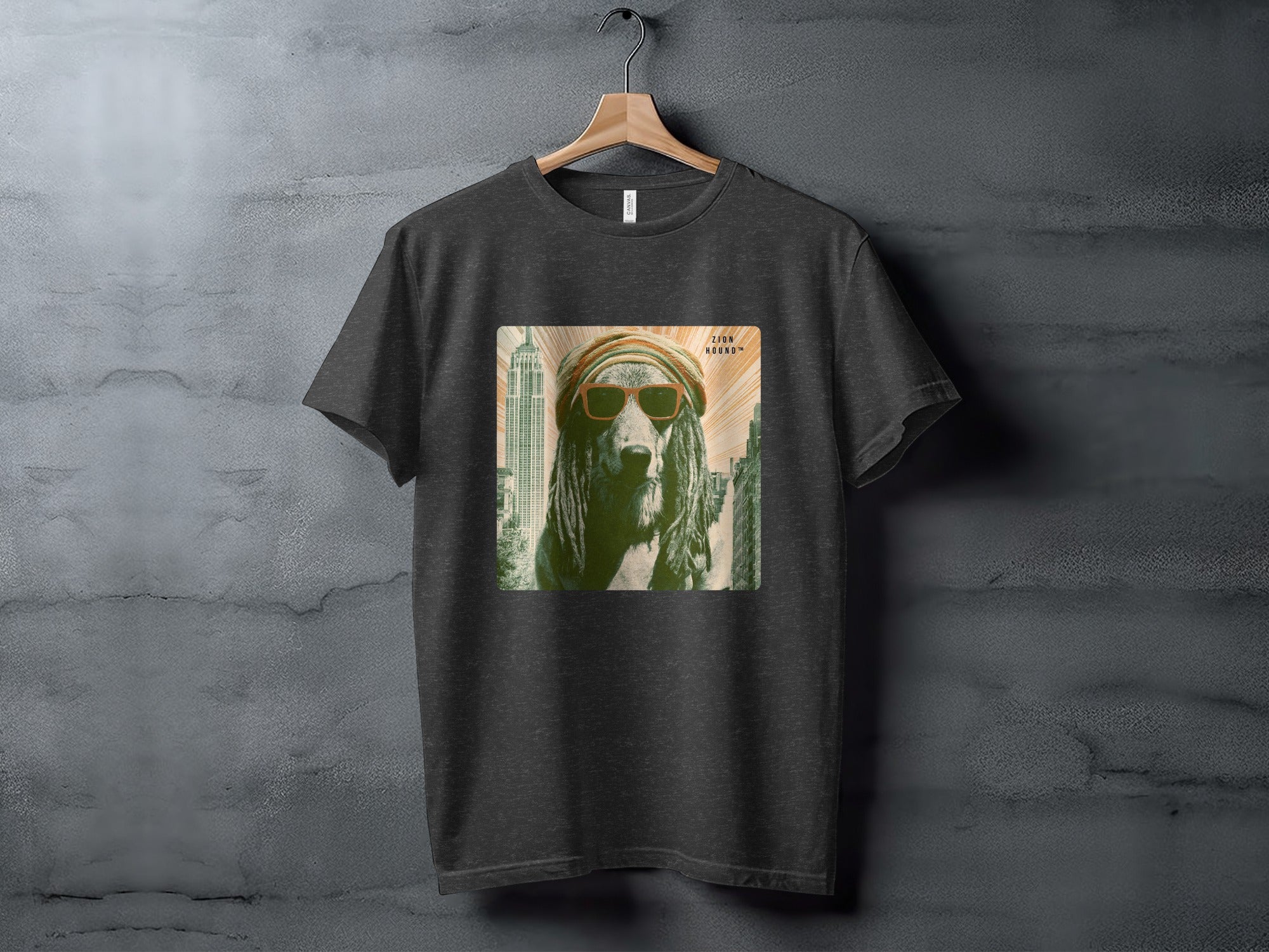Dark t-shirt with graphic of a dog in sunglasses superimposed on a cityscape.
