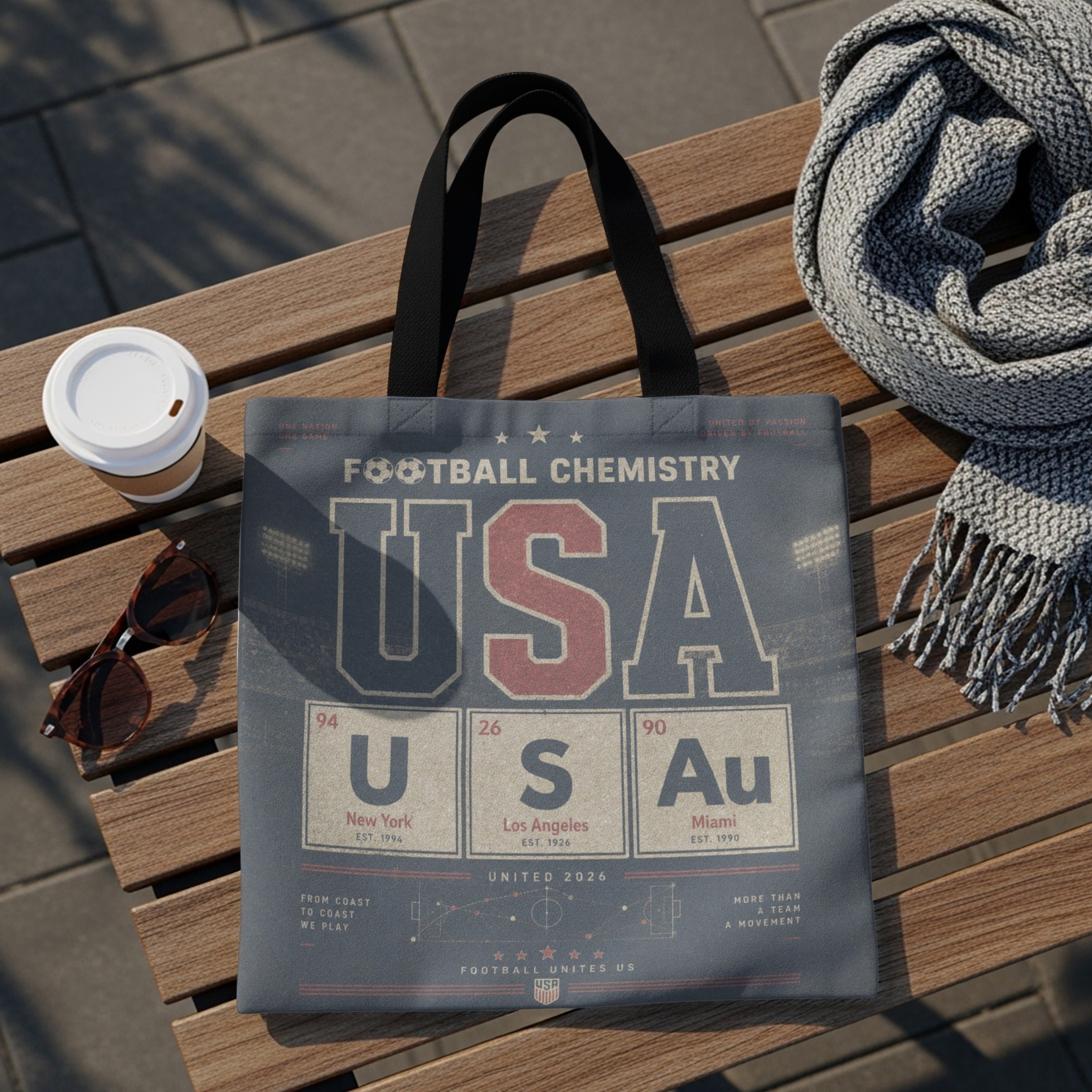 Tote bag with "USA Football Chemistry" design featuring periodic table elements.