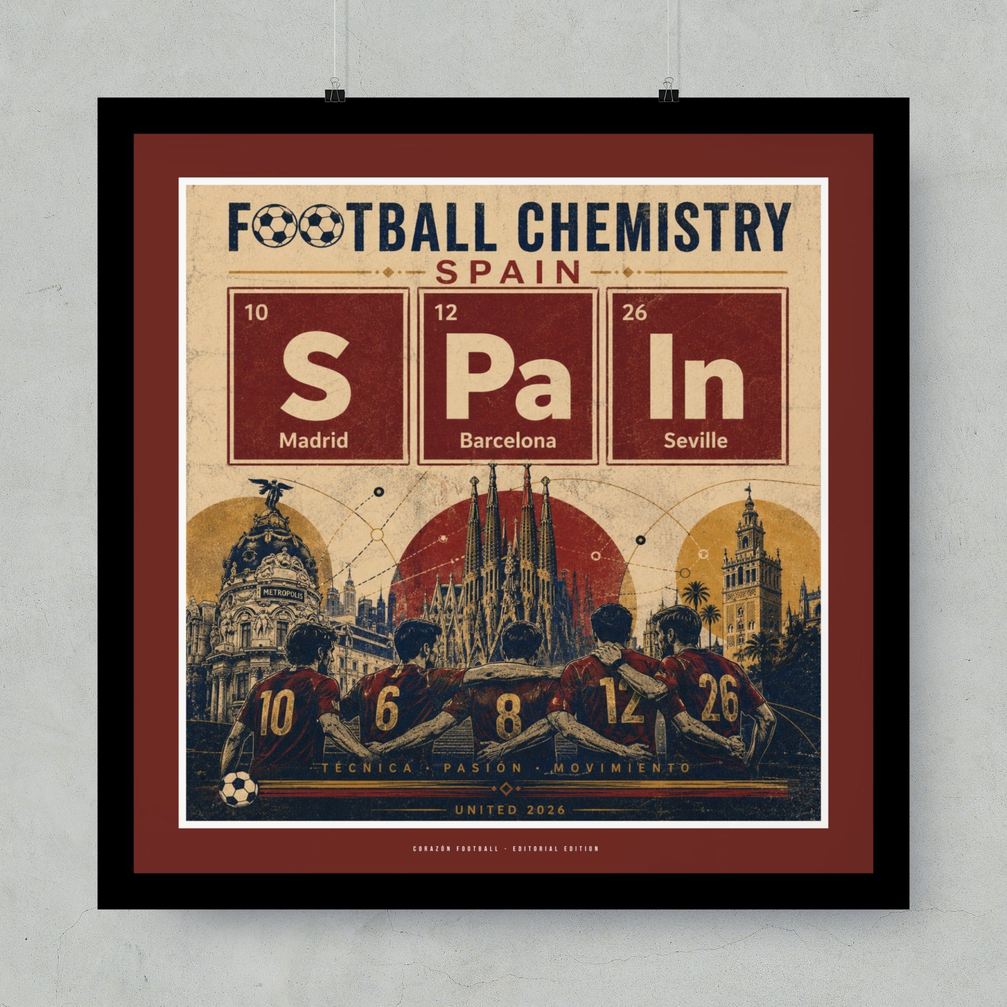 Periodic table elements spell Spain, featuring football players and city landmarks.