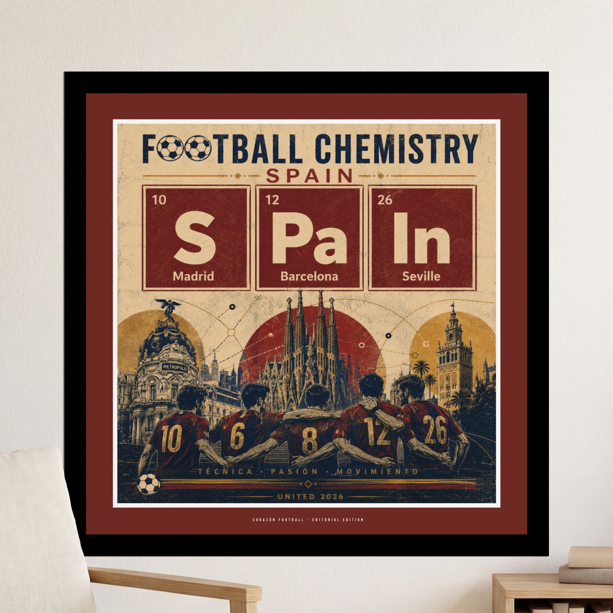 Spain Football Chemistry periodic table with cities and cityscape.