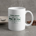 White mug with "Football Chemistry" text and Mexican city names.