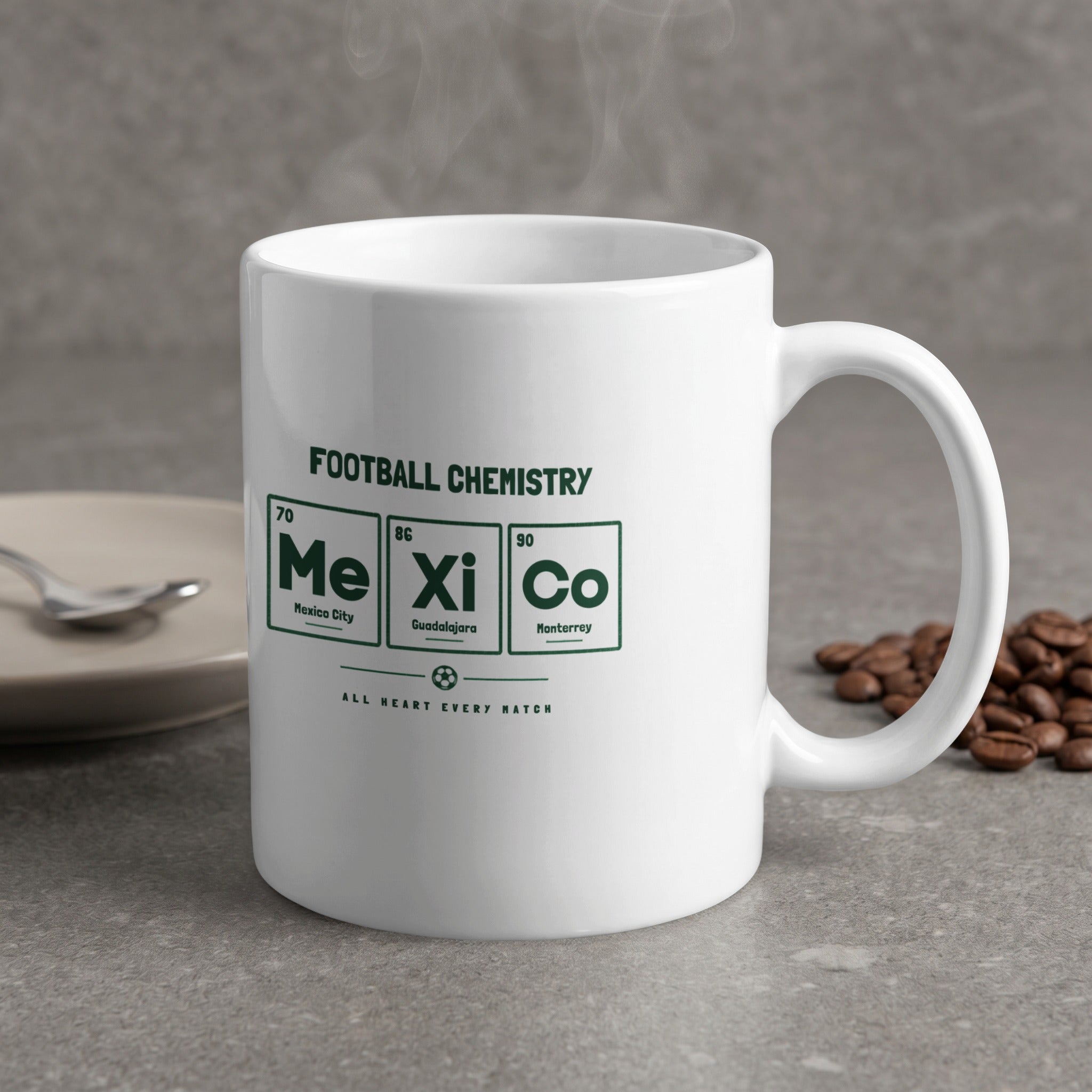 White mug with "Football Chemistry" text and Mexican city names.
