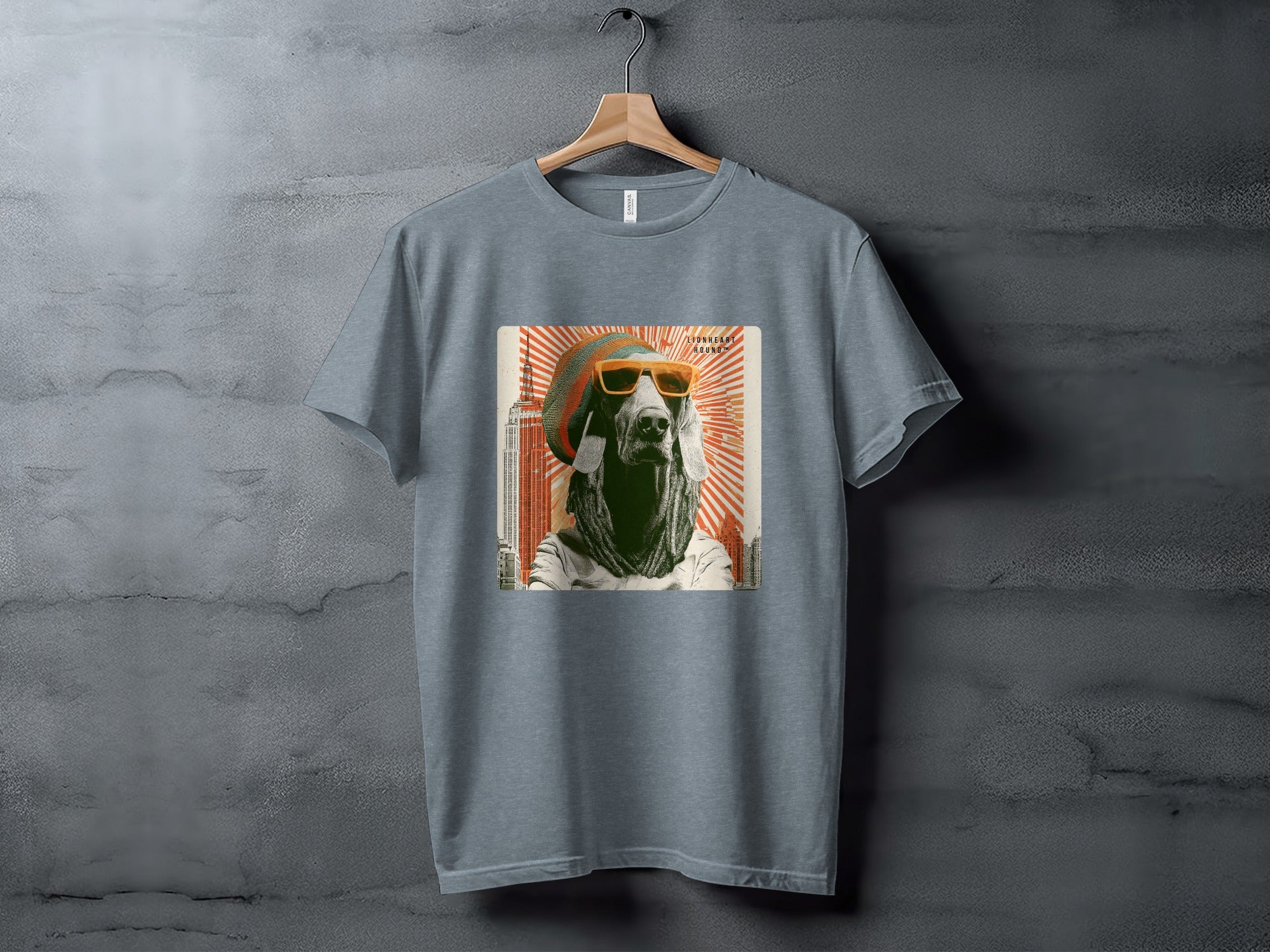 T-shirt with illustration of a dog wearing sunglasses and a hat.