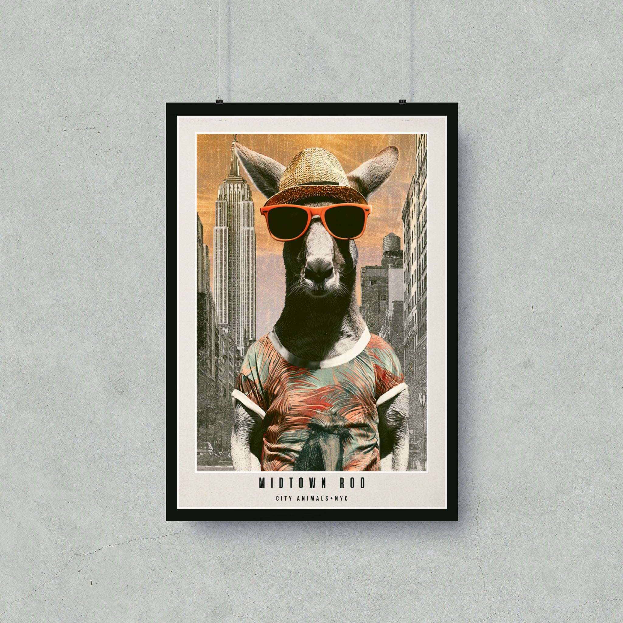Kangaroo wearing sunglasses and a tropical shirt, with Empire State Building in background.