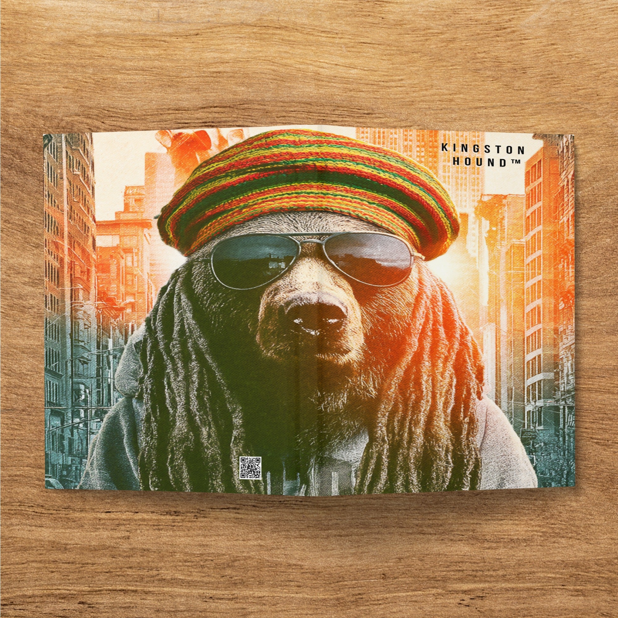Bear wearing sunglasses and a Rasta hat, with "KINGSTON HOUND" text.