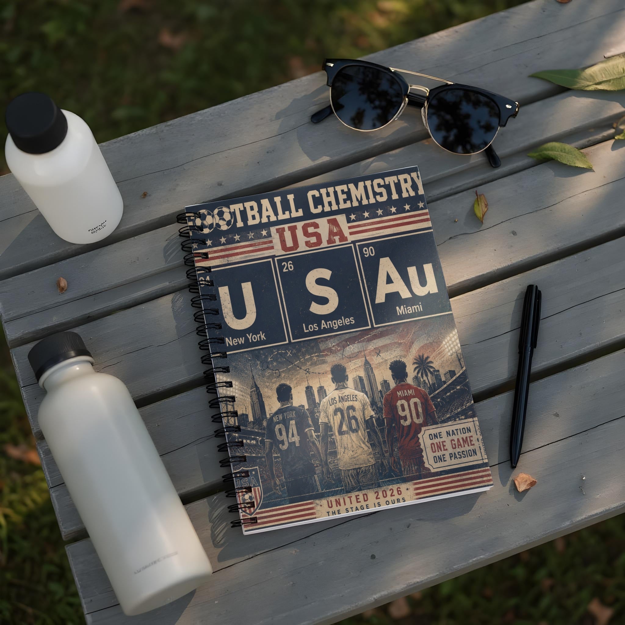 Notebook cover with "Football Chemistry USA" and U, S, Au elements.