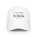 White baseball cap with "Football Chemistry" and periodic table elements for Paris, Marseille, and Lyon.