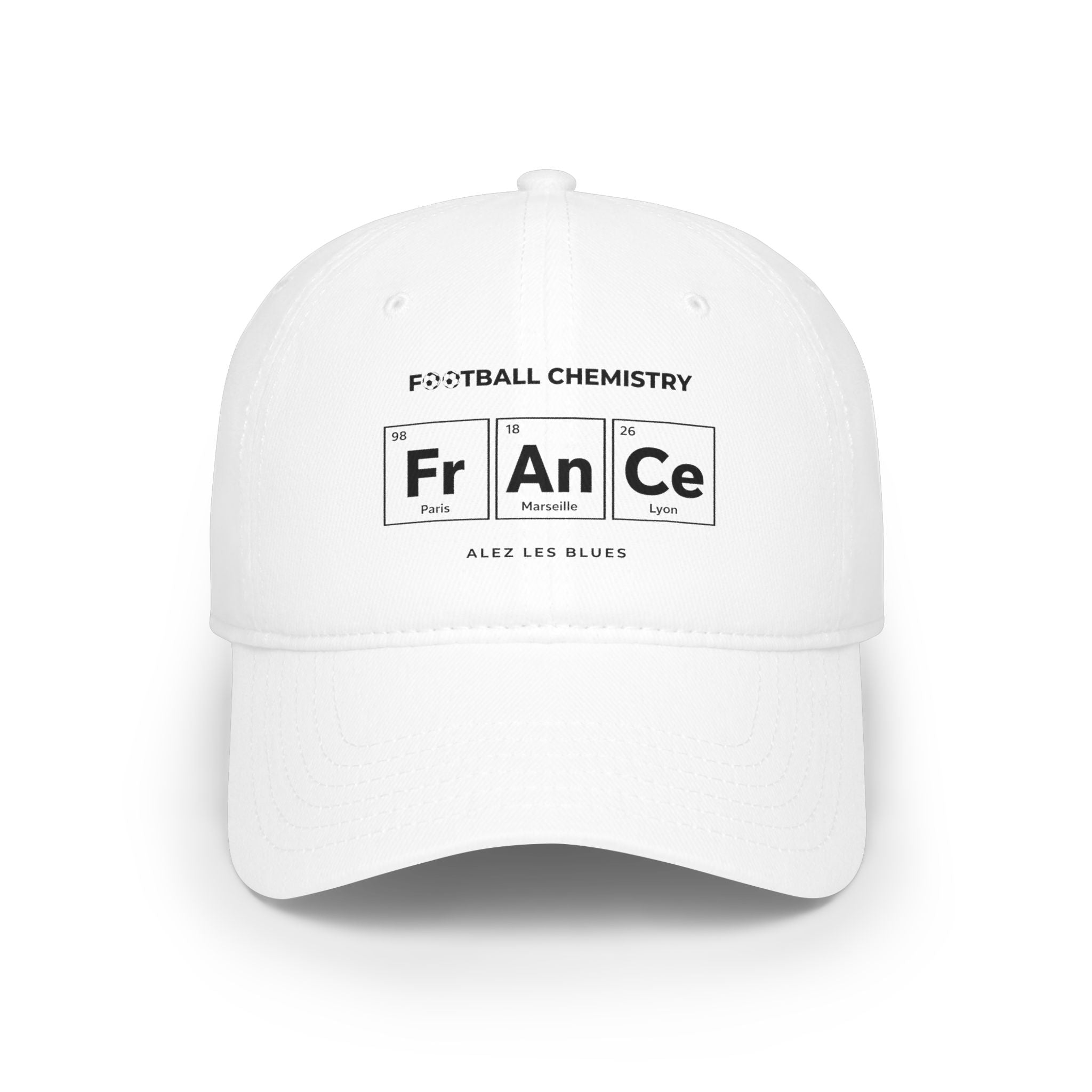 White baseball cap with "Football Chemistry" and periodic table elements for Paris, Marseille, and Lyon.