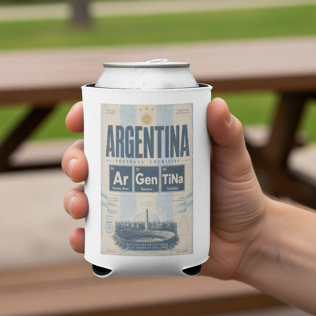 Argentina Football Chemistry can cooler with city names and Argentinian flag.