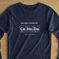 Navy t-shirt with "Football Chemistry Ca Na Da" and city names.