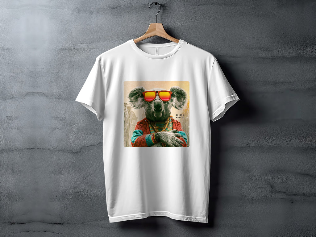 T-shirt with a koala wearing sunglasses and a jacket.