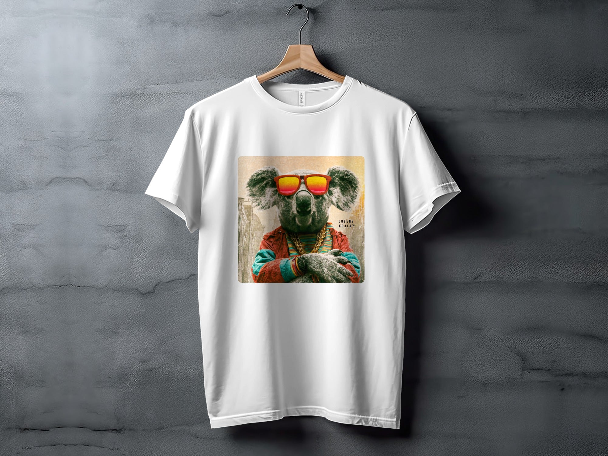 T-shirt with a koala wearing sunglasses and a jacket.