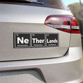 Car decal with Ne, Ther, and Lands representing Amsterdam, Rotterdam, and Eindhoven.