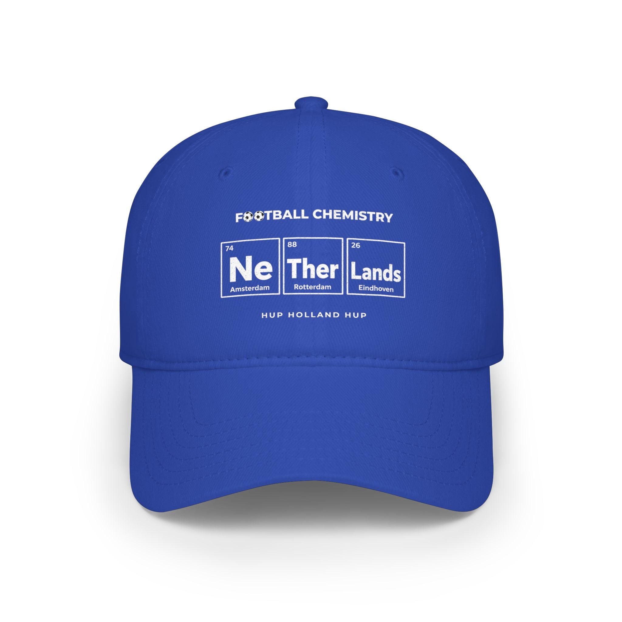 Blue baseball cap with "FOOTBALL CHEMISTRY" and periodic table elements for soccer teams.