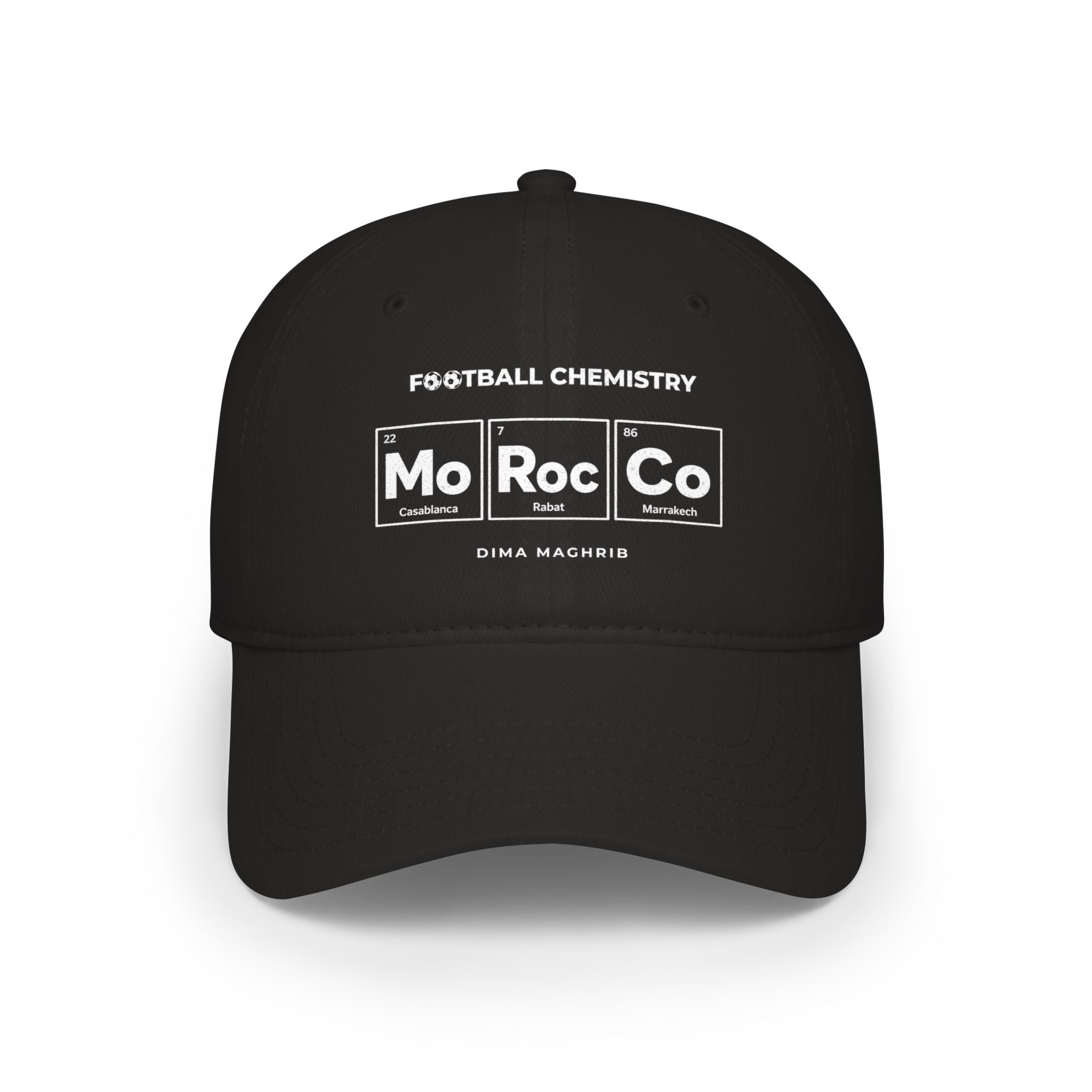 Black baseball cap with "Football Chemistry Mo Roc" and location text.