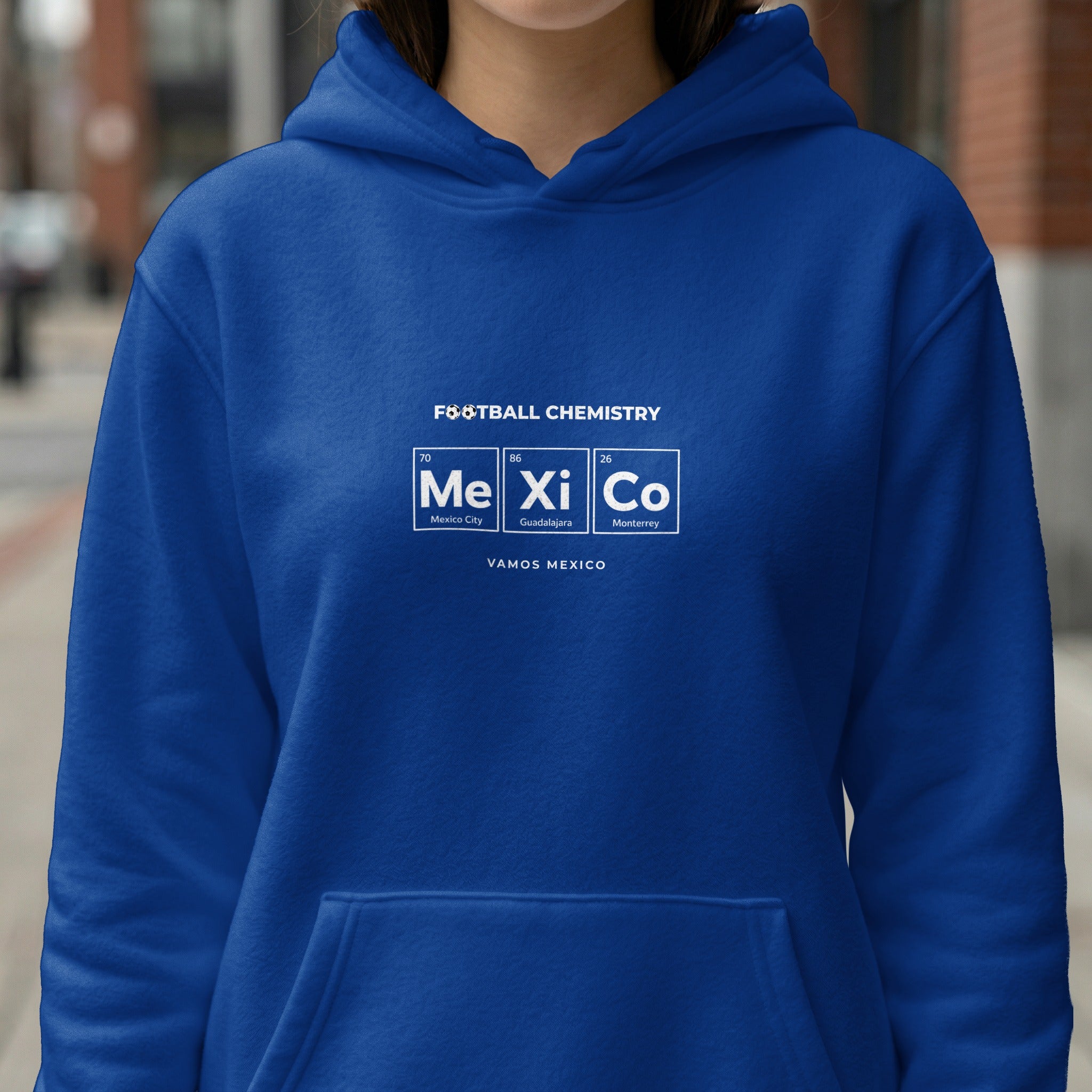 Blue hoodie with "Football Chemistry" text and Mexico's cities in periodic table style.