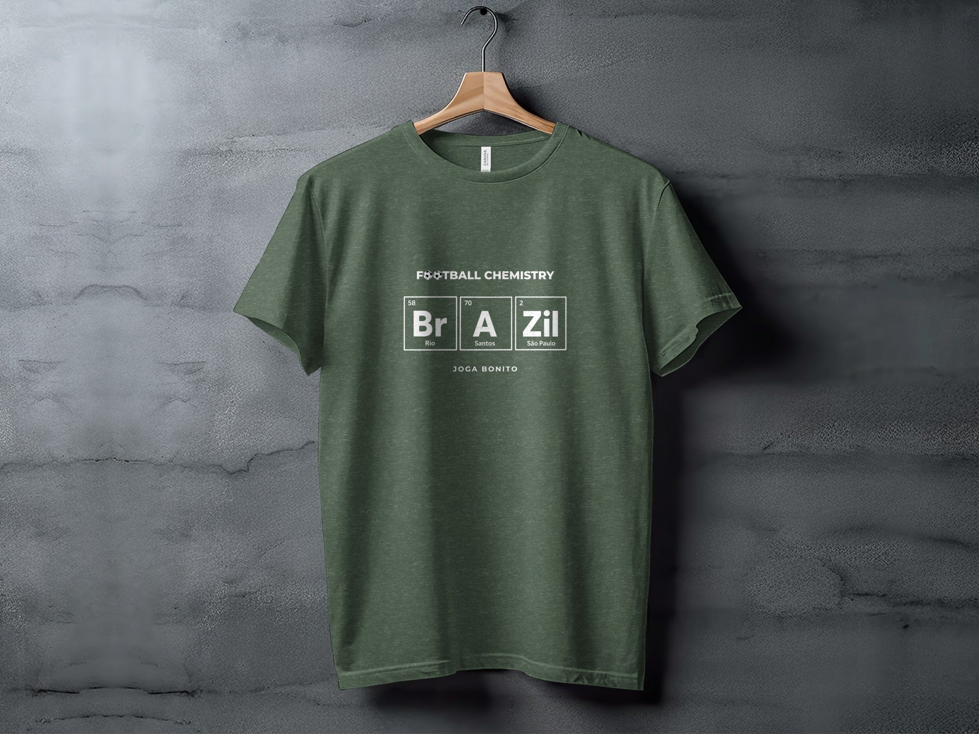 Green t-shirt with "FOOTBALL CHEMISTRY" and "BRAZIL" in periodic table style.