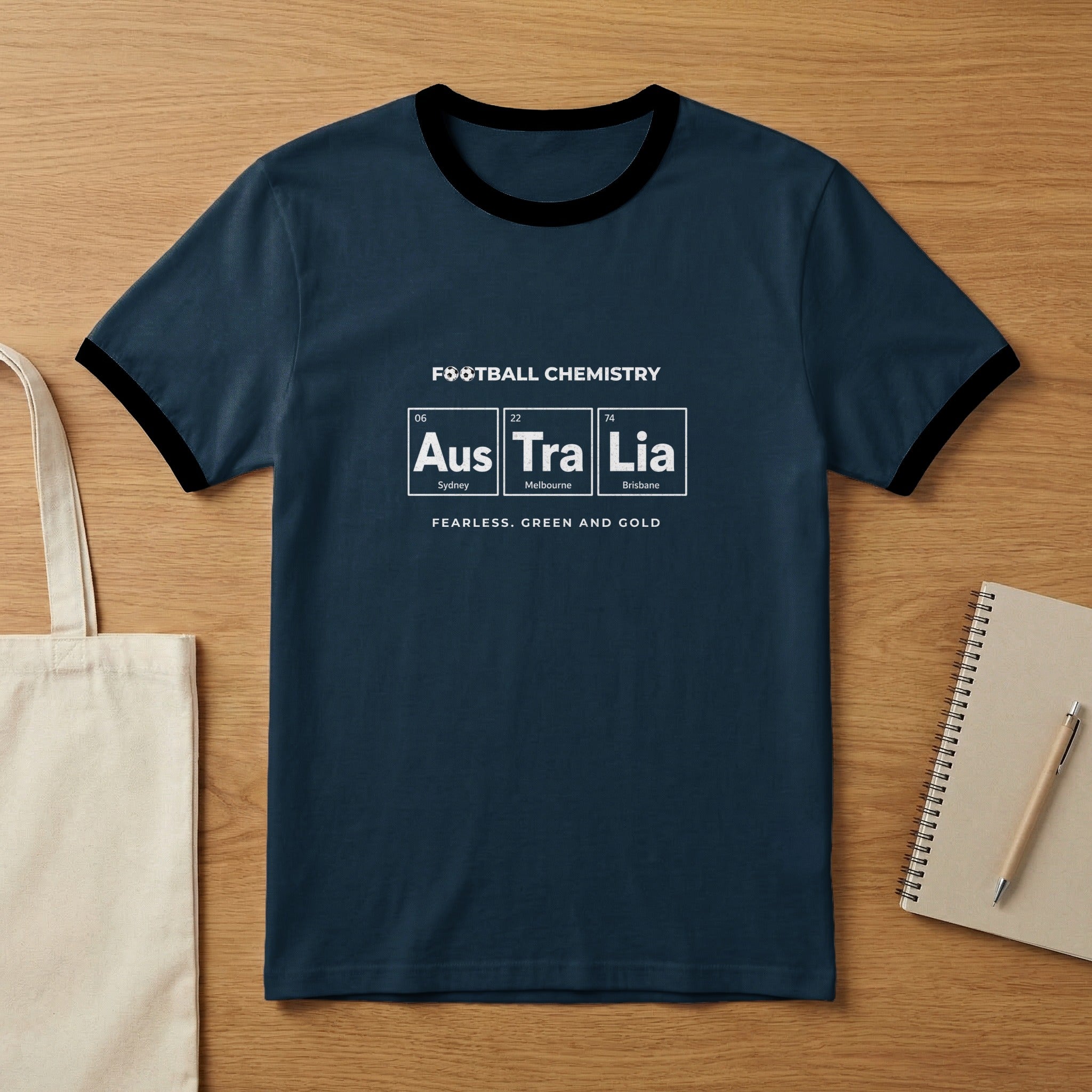Navy t-shirt with "Football Chemistry" and periodic table elements for Australia.