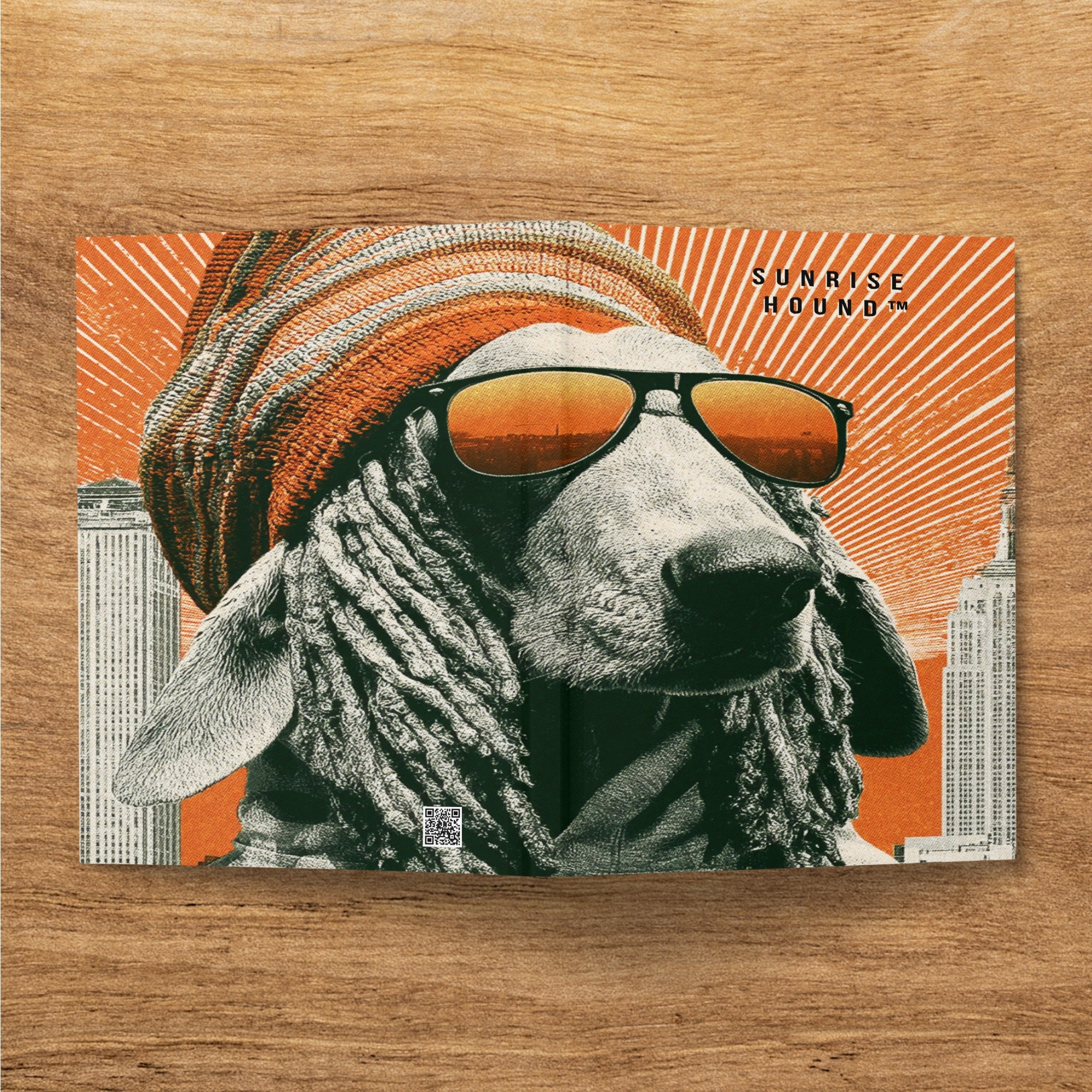 Dog wearing sunglasses and beanie, with "SUNRISE HOUND" text above.
