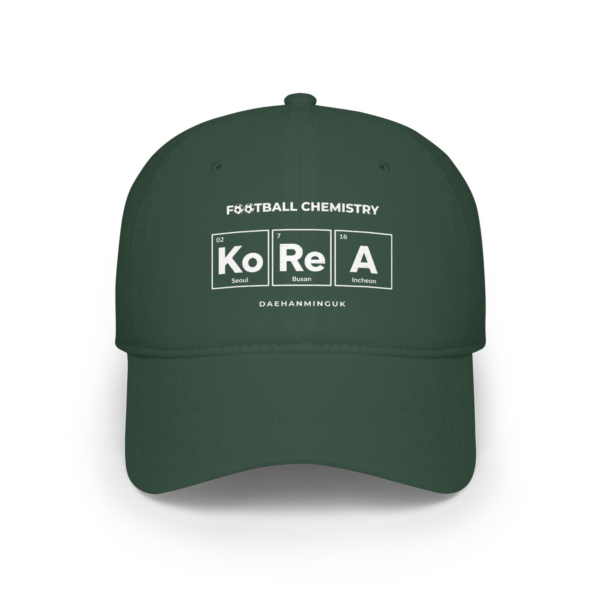 Green baseball cap with "FOOTBALL CHEMISTRY" and "Ko RE A" in periodic table style.