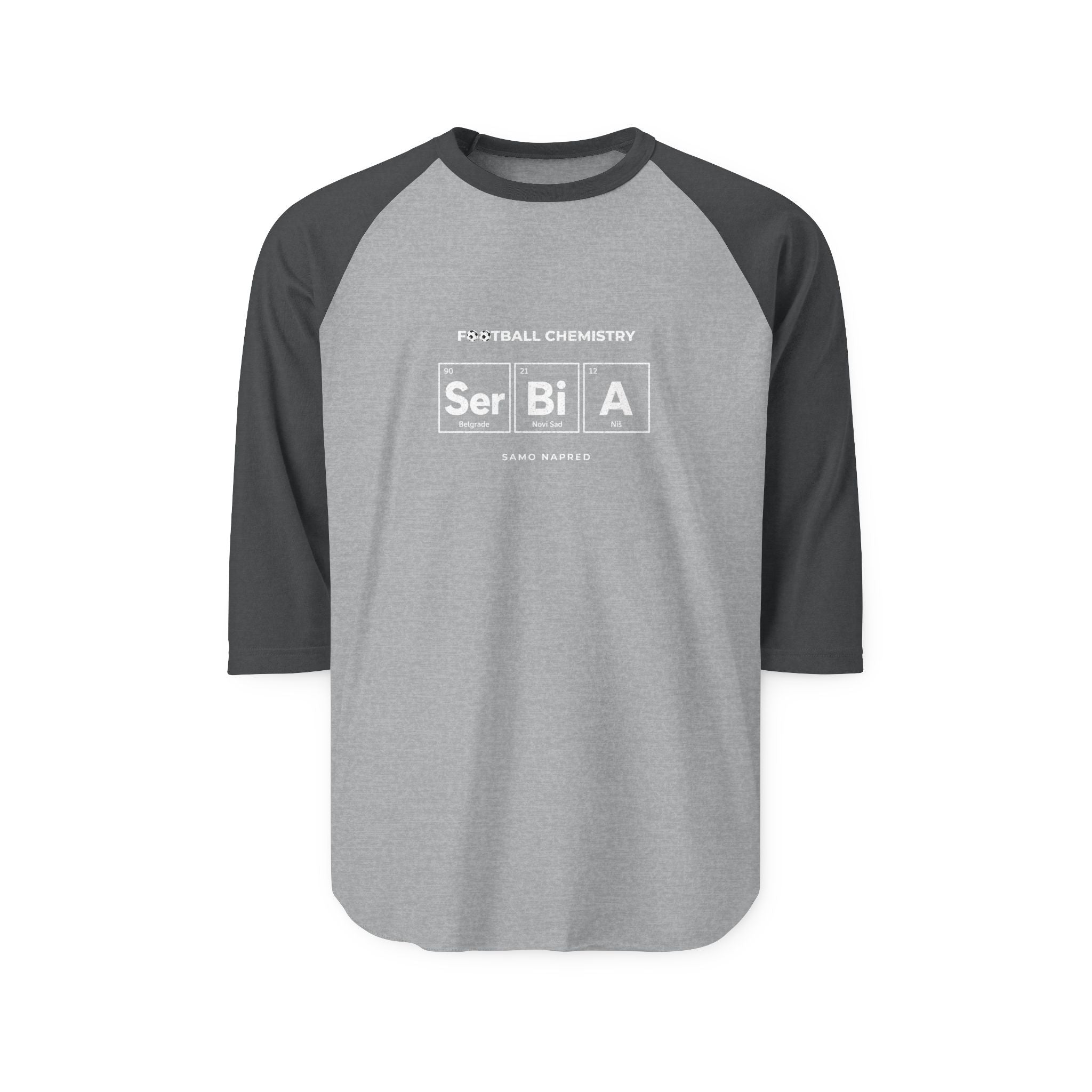 Gray and white baseball tee with "Football Chemistry" and "Ser Bi A" text.