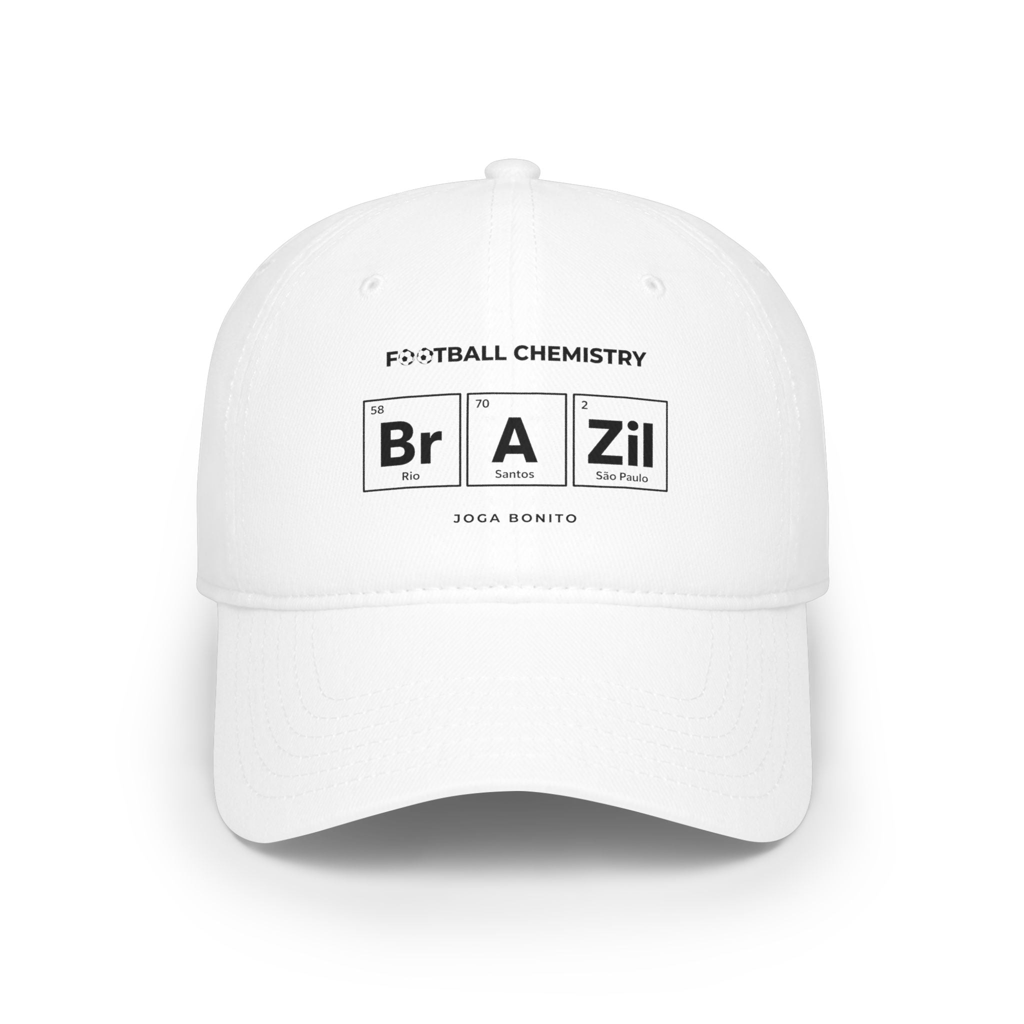 White baseball cap with "FOOTBALL CHEMISTRY" and Periodic Table elements for Rio and Sao Paulo.