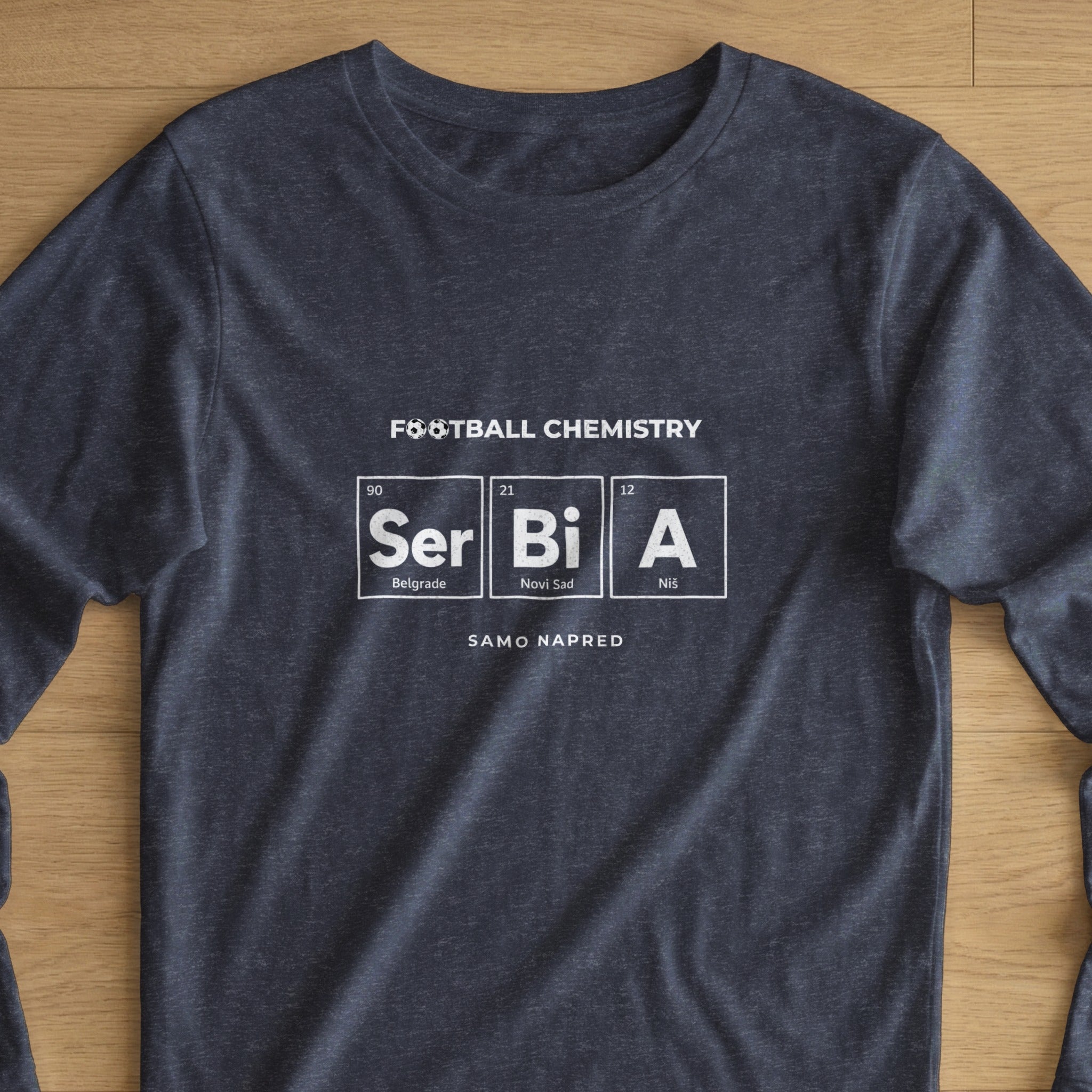Dark t-shirt with "Football Chemistry" and periodic table elements for Serbia.
