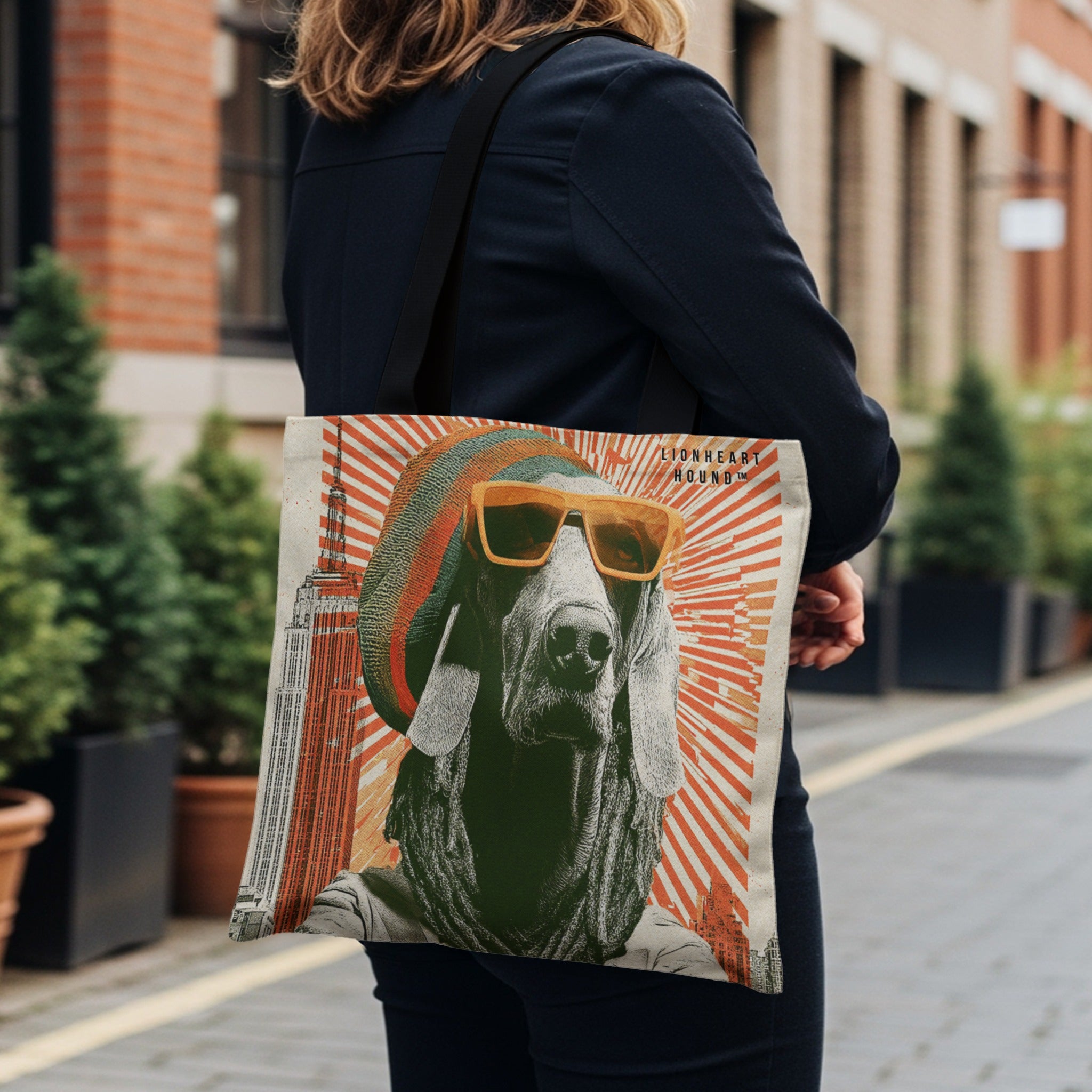 Tote bag with a dog wearing sunglasses and an Empire State Building graphic.