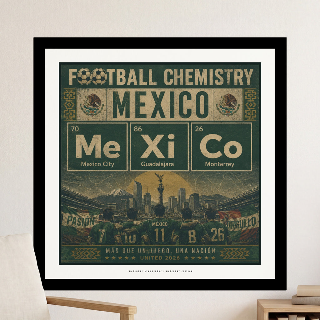 "Mexico" football chemistry poster with city names and national team crest.