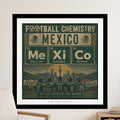 "Mexico" football chemistry poster with city names and national team crest.