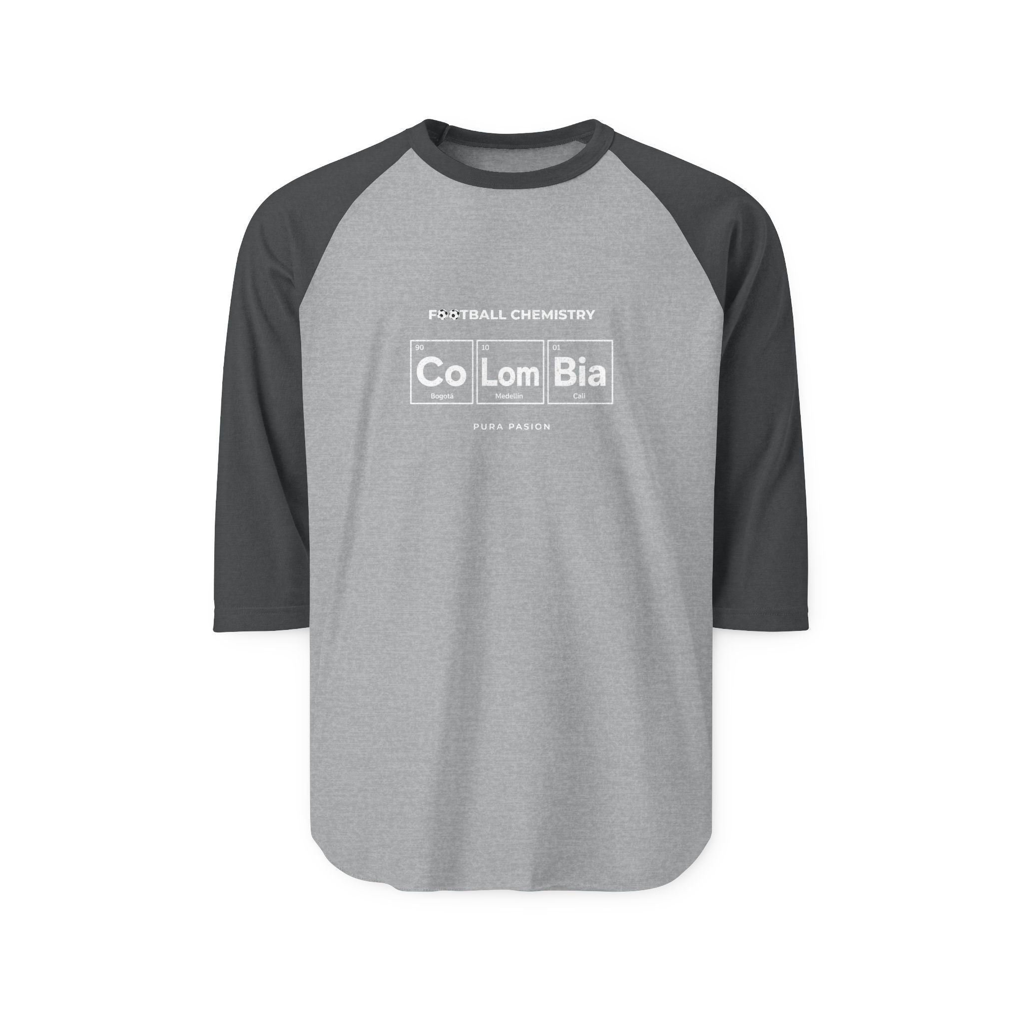 Baseball t-shirt with "FOOTBALL CHEMISTRY" and chemical elements for Colombia.
