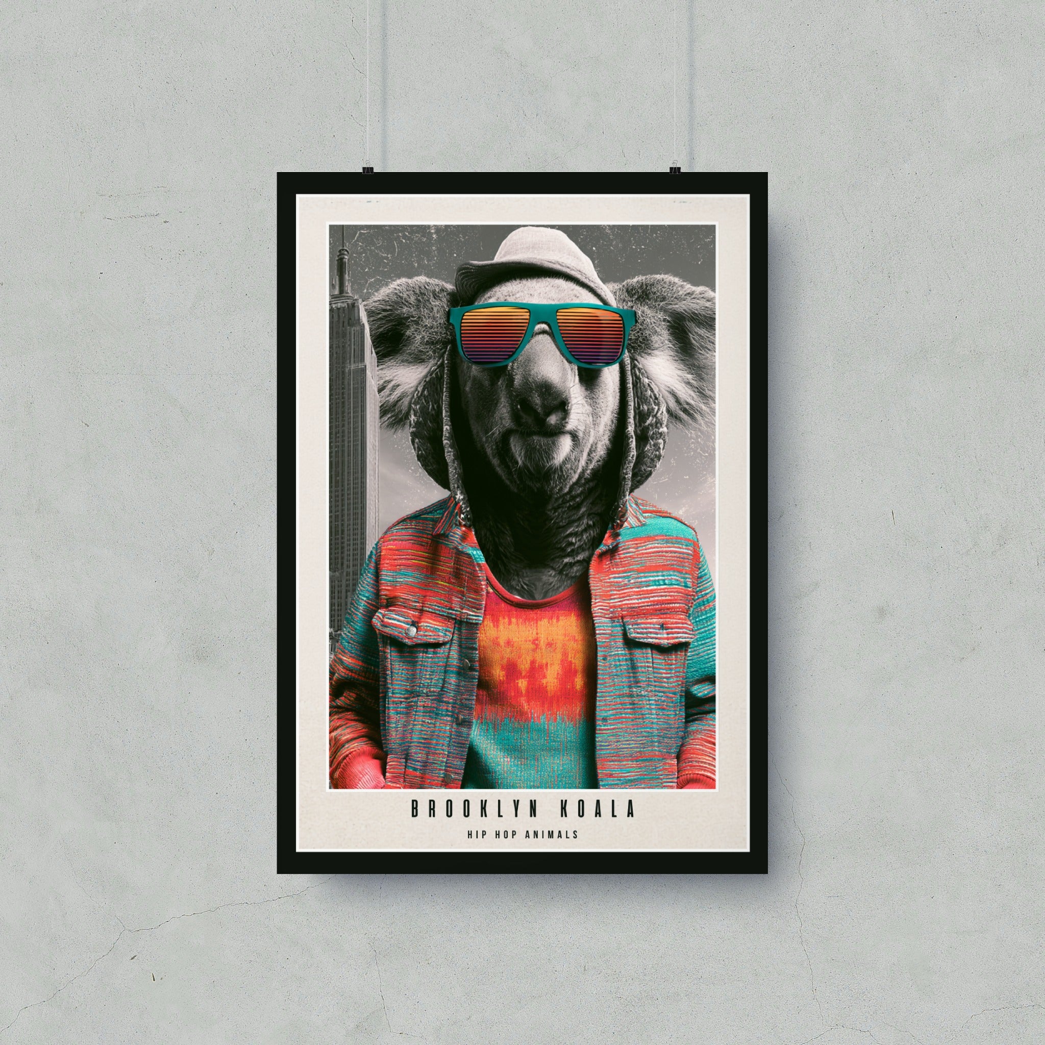Koala wearing sunglasses and a colorful shirt, with city skyline behind.