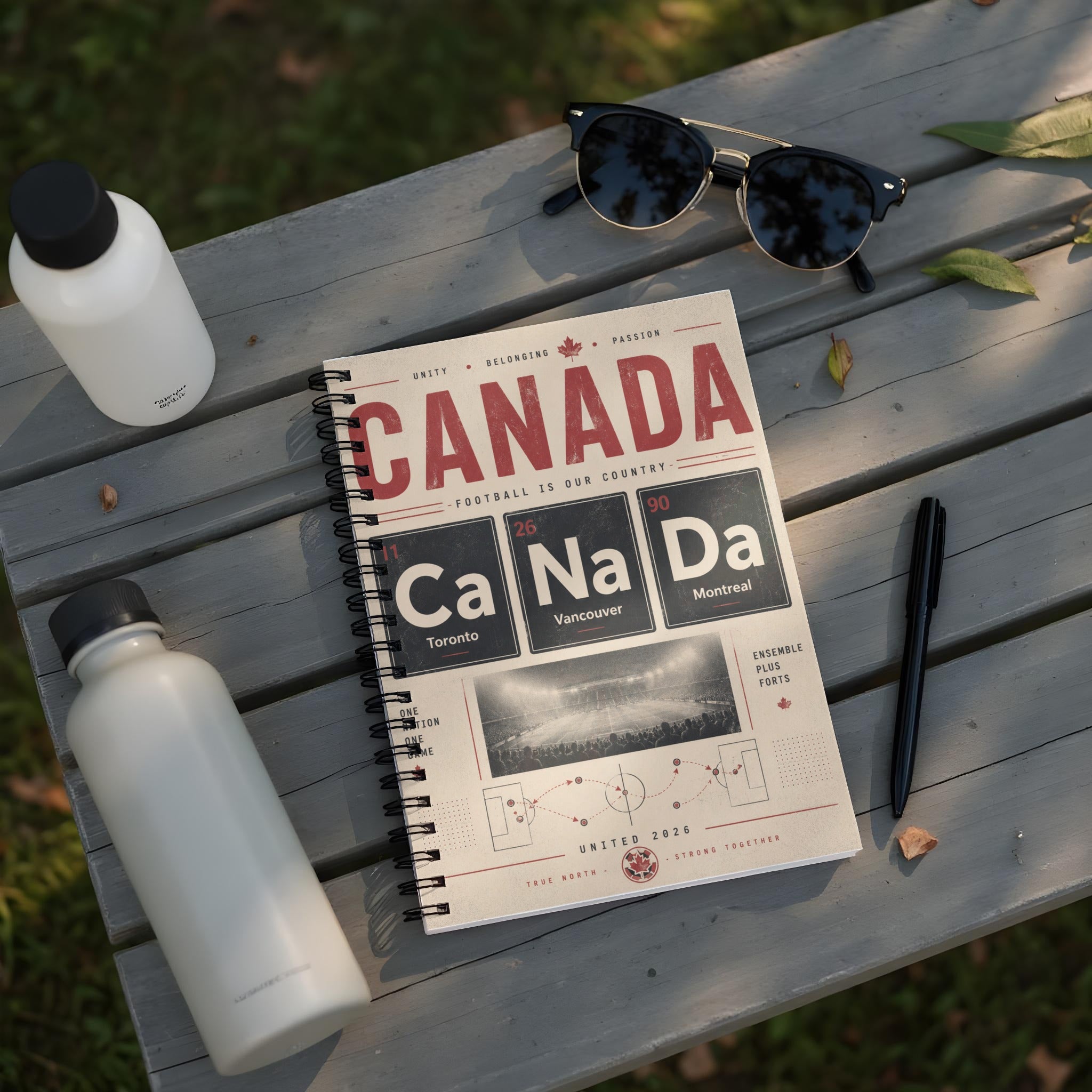 Notebook cover with Canada map design, featuring city names and football field.