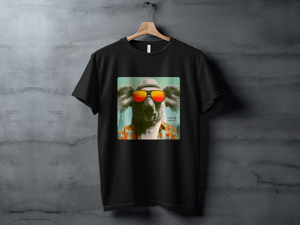 Koala wearing sunglasses and a hat on a black t-shirt.